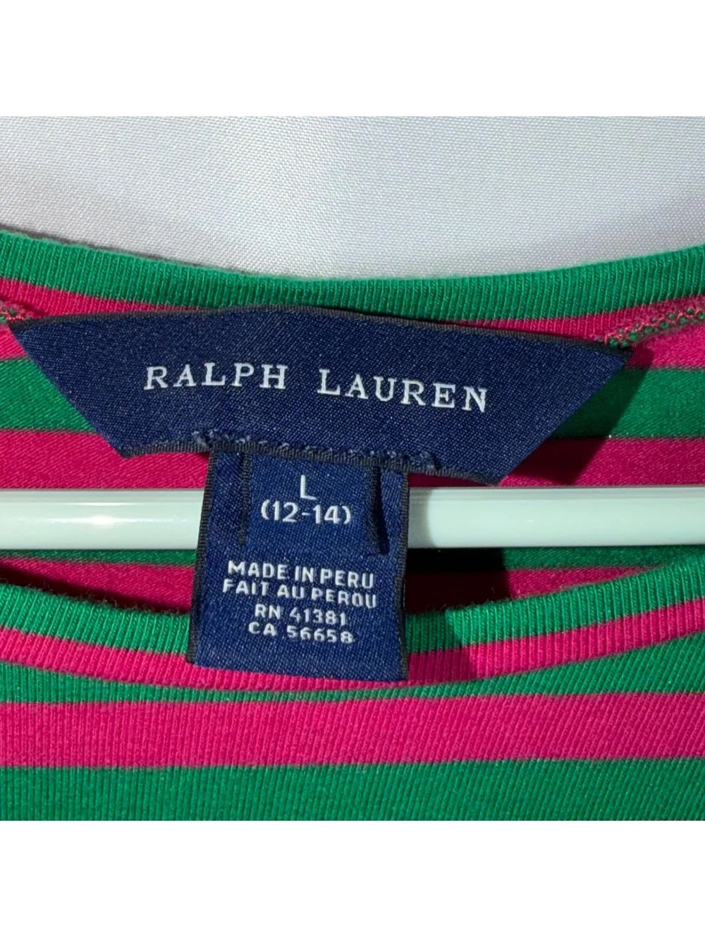 Ralph Lauren Girls Pink Green Striped Peplum Top L 12-14